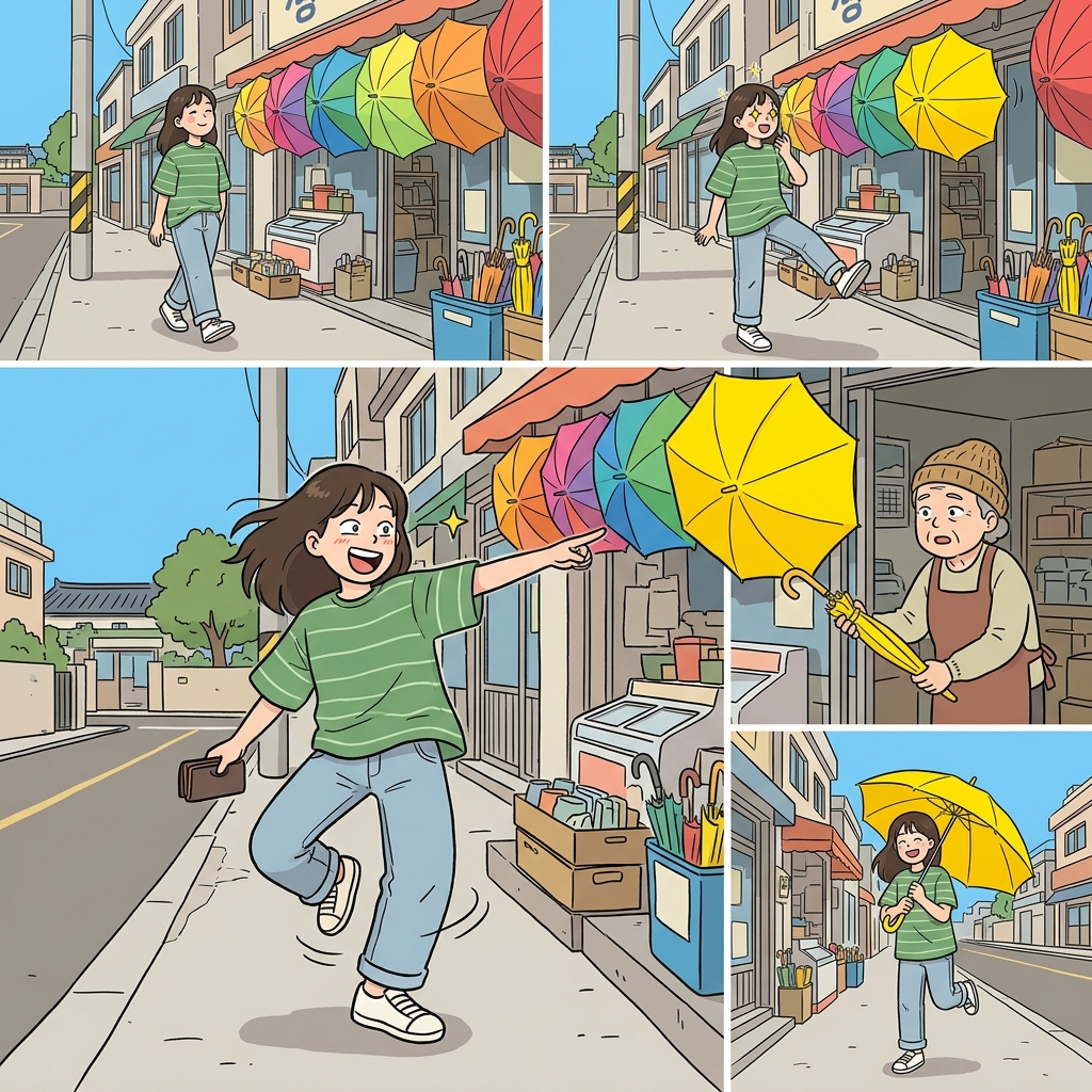 On a whim, she bought a bright yellow umbrella she didn't need.