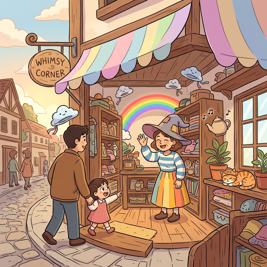 Her whimsical hat shop sells clouds, rainbows, and singing teapots.