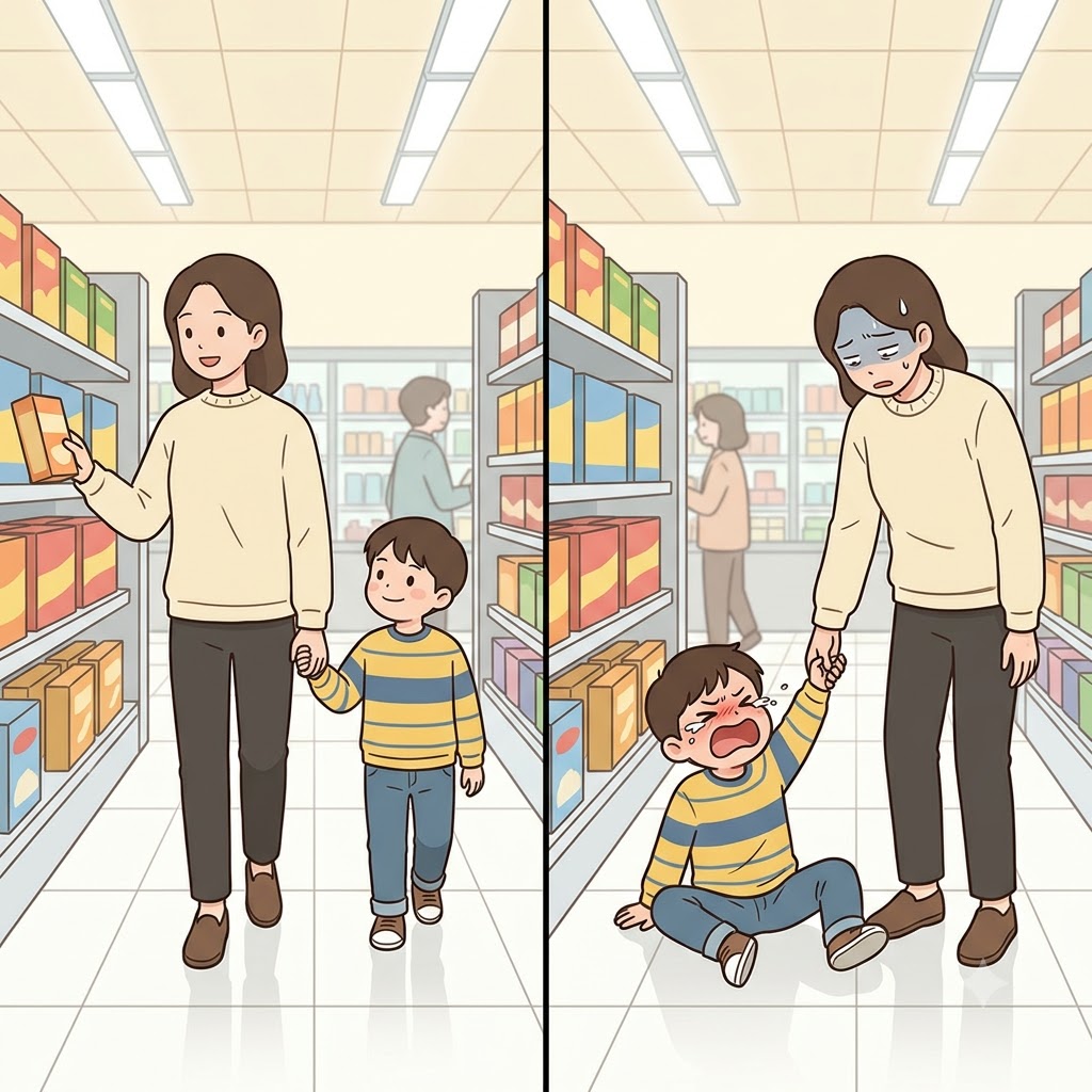 Instead of walking, the tired boy sat on the floor to whine for his mother to carry him.