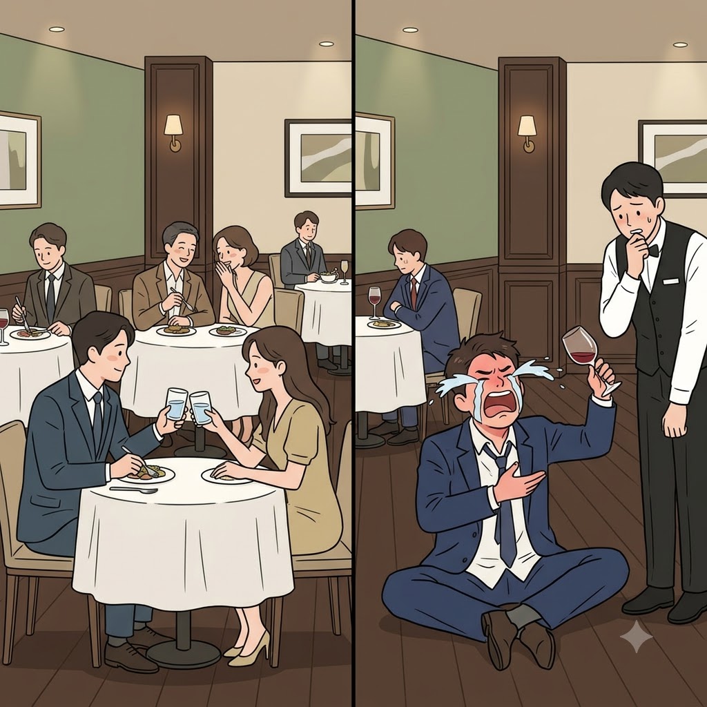 "와인(whine) 더 줘!" 술 취한 남자는 식당 바닥에서 아기처럼 징징거리기(whine) 시작했다.