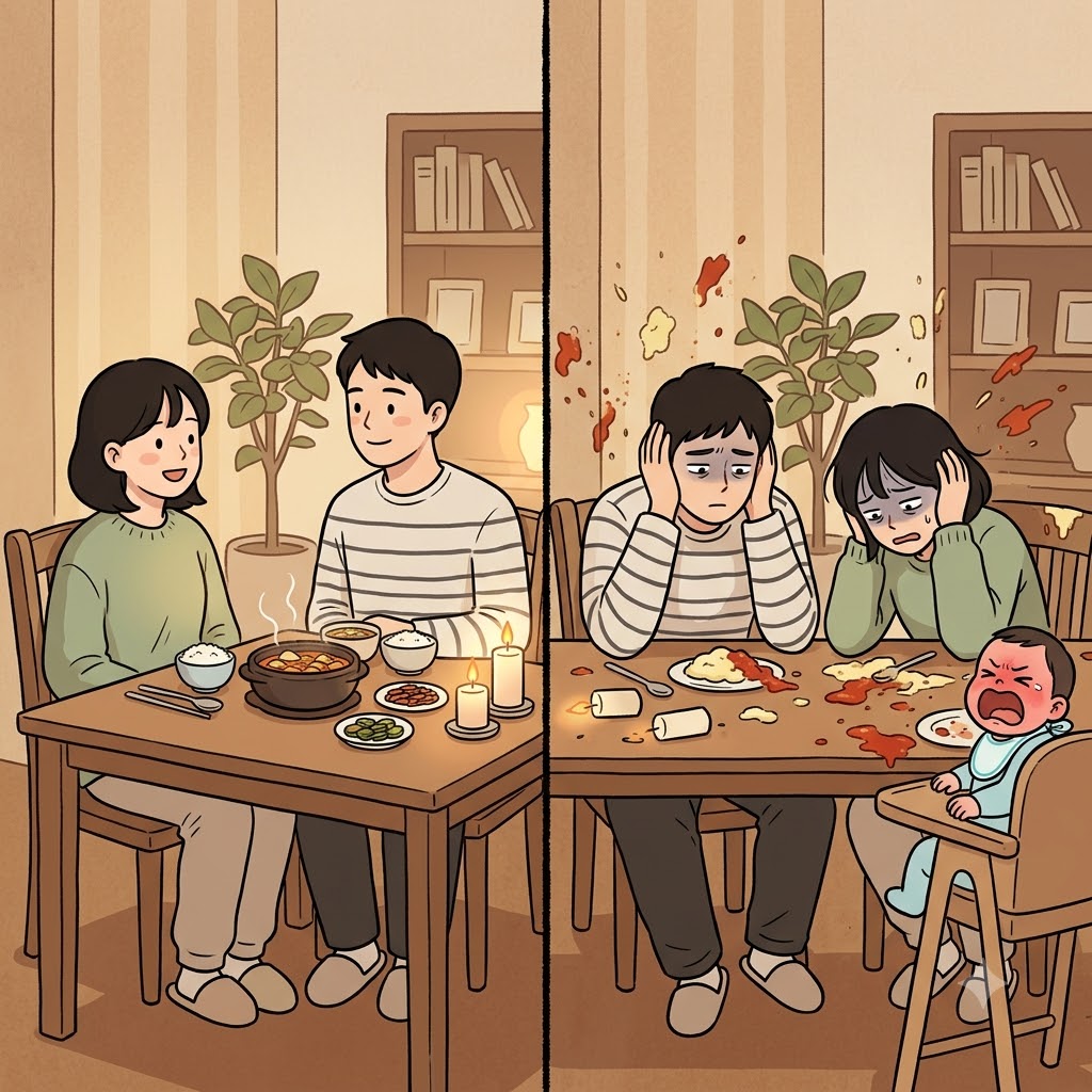Expecting to peacefully dine, the parents were exhausted by their baby's endless whine.