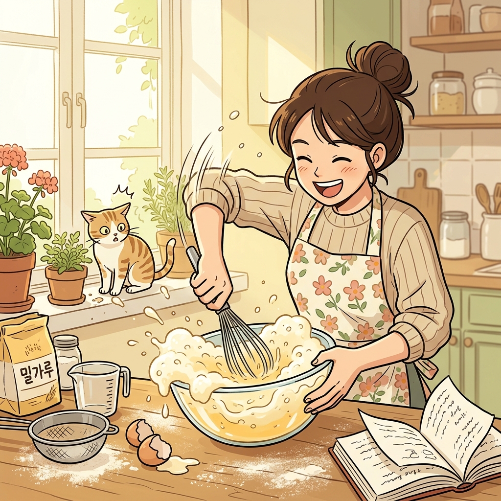 그녀가 거품기로 달걀을 휘저어 폭신한 거품을 만든다.