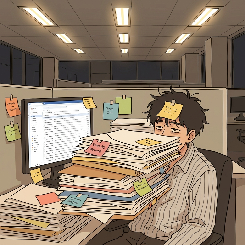 책상이 안 보일 정도로 일이 산더미처럼 쌓였다.