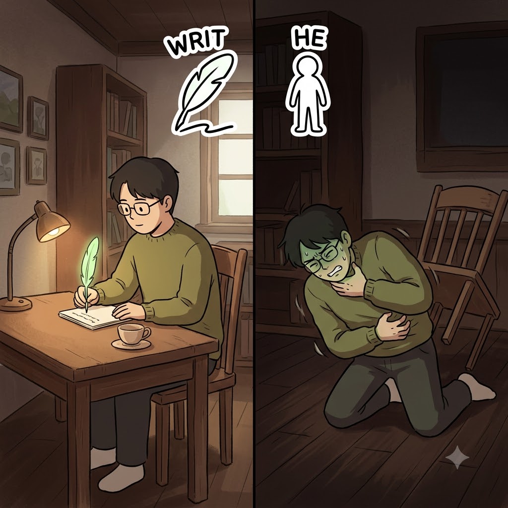 WRIT(글을 쓰다) + HE(그가) — 마지막 편지를 쓰려고(WRIT) 노력하던 그(HE)는 바닥에 쓰러져 독기운에 몸부림치기(writhe) 시작했다.