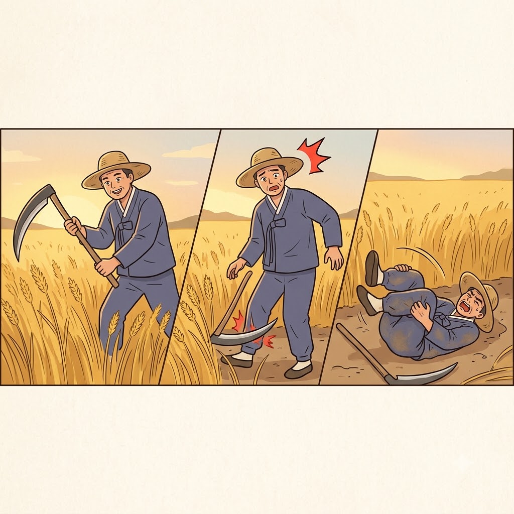 날카로운 낫(scythe)을 떨어뜨리고, 부주의한 농부는 흙바닥에 쓰러져 끔찍한 고통에 몸부림쳤다(writhe).