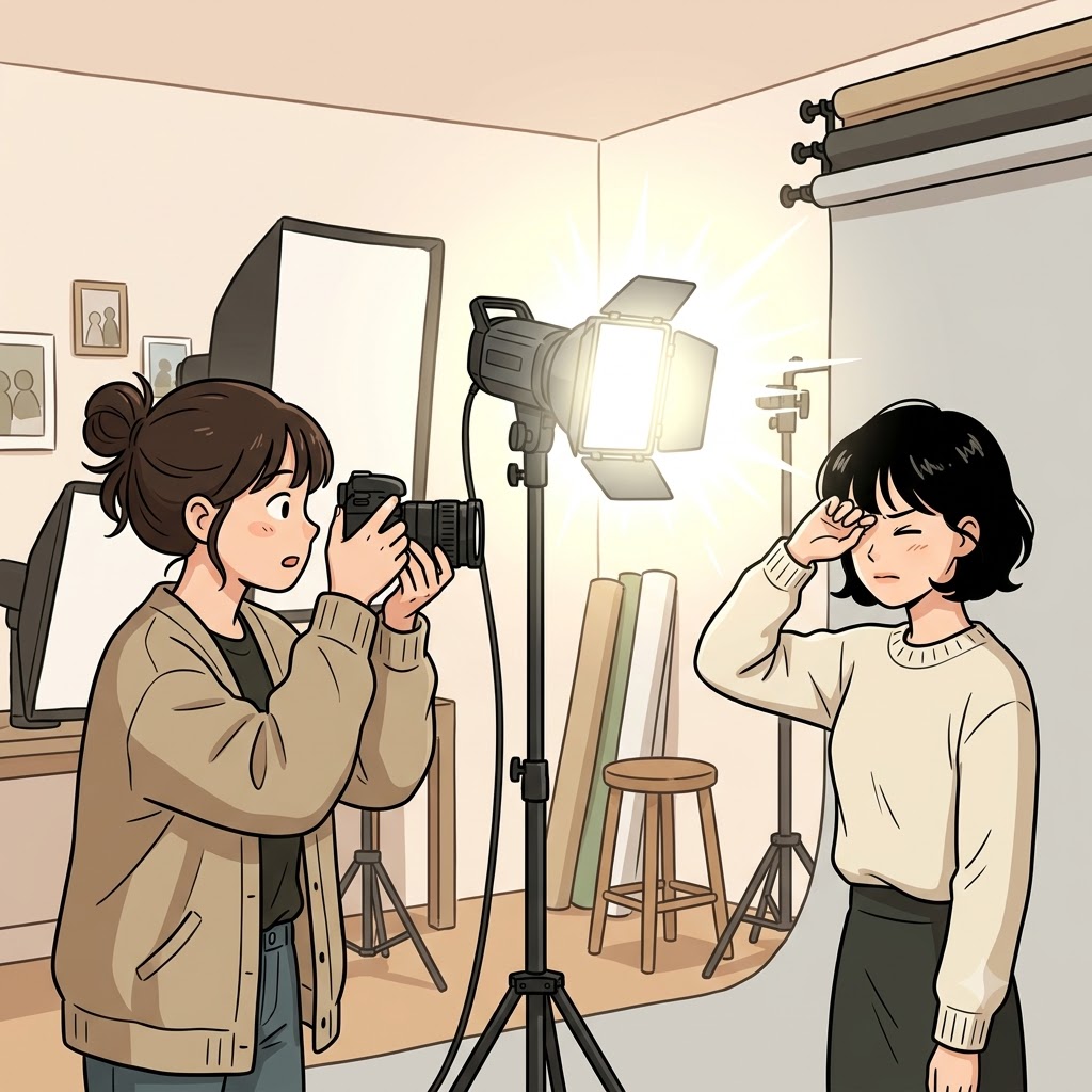 사진작가가 "셋, 둘, 하나!"를 외치자 크세논(xenon) 플래시가 눈부시게 번쩍였다. ("세 논!" → "셋!" 하는 순간 터지는 번쩍이는 플래시)