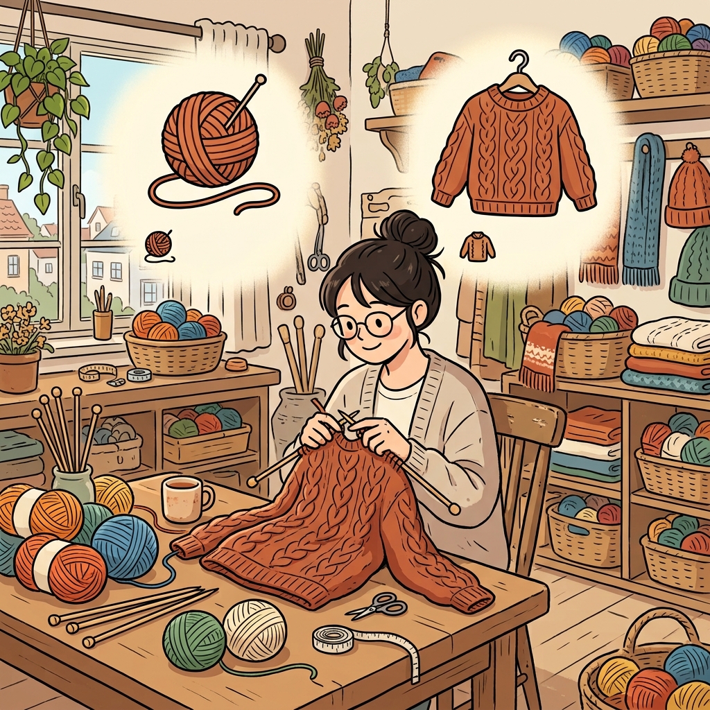털실은 아름다운 스웨터로 짜였다.