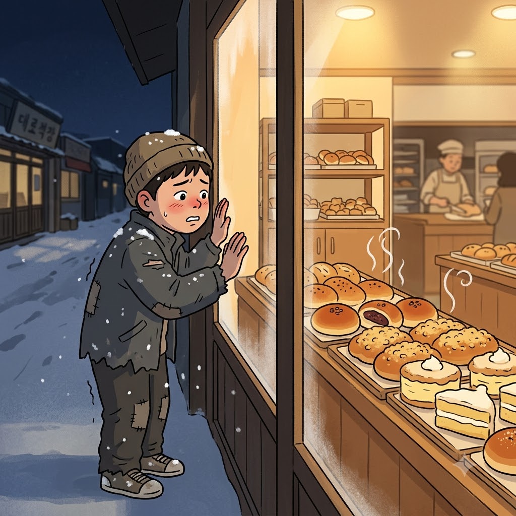 Standing in the freezing snow, the hungry boy could only yearn for the warm bread inside the bakery window.