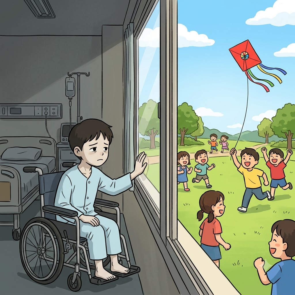 "나도 저 연(yearn)을 날리고 싶어!" 휠체어에 앉은 소년은 다른 아이들처럼 밖에서 뛰놀기를 간절히 갈망했다(yearn).