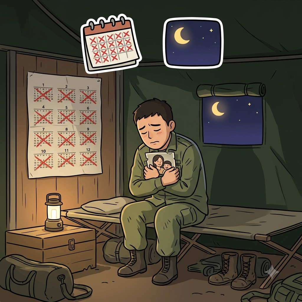 YEAR(year) + N(night) — for a whole YEAR, every Night, the lonely soldier continued to yearn for his family.