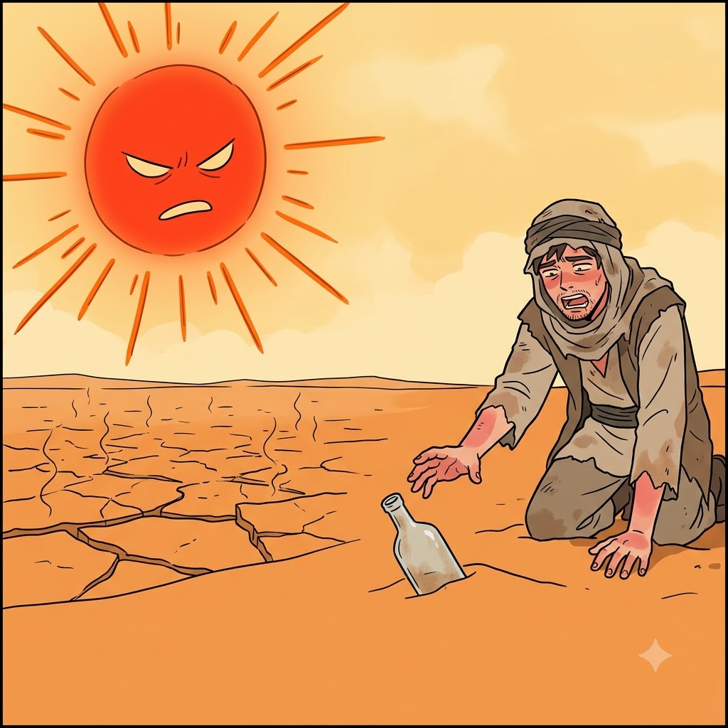 As the hot desert sun continued to burn, for a single drop of water he began to yearn.