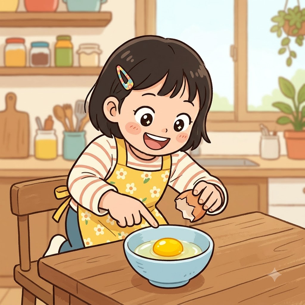 아이는 깨진 달걀 속에서 노란 노른자(yolk)를 발견하고 "요, 노른자!"라고 외쳤다.