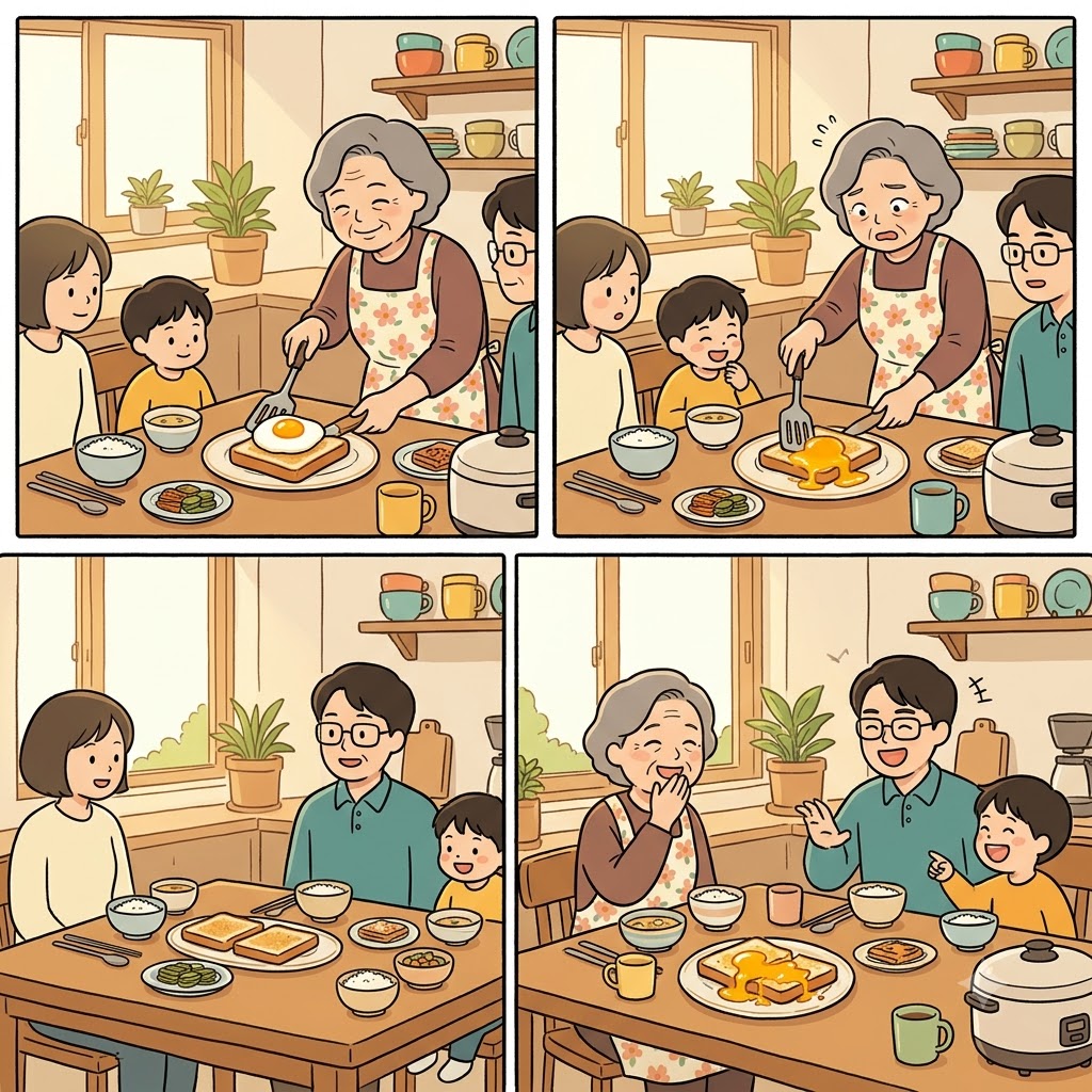 The yolk broke, and the folk at the breakfast table laughed at the messy joke.