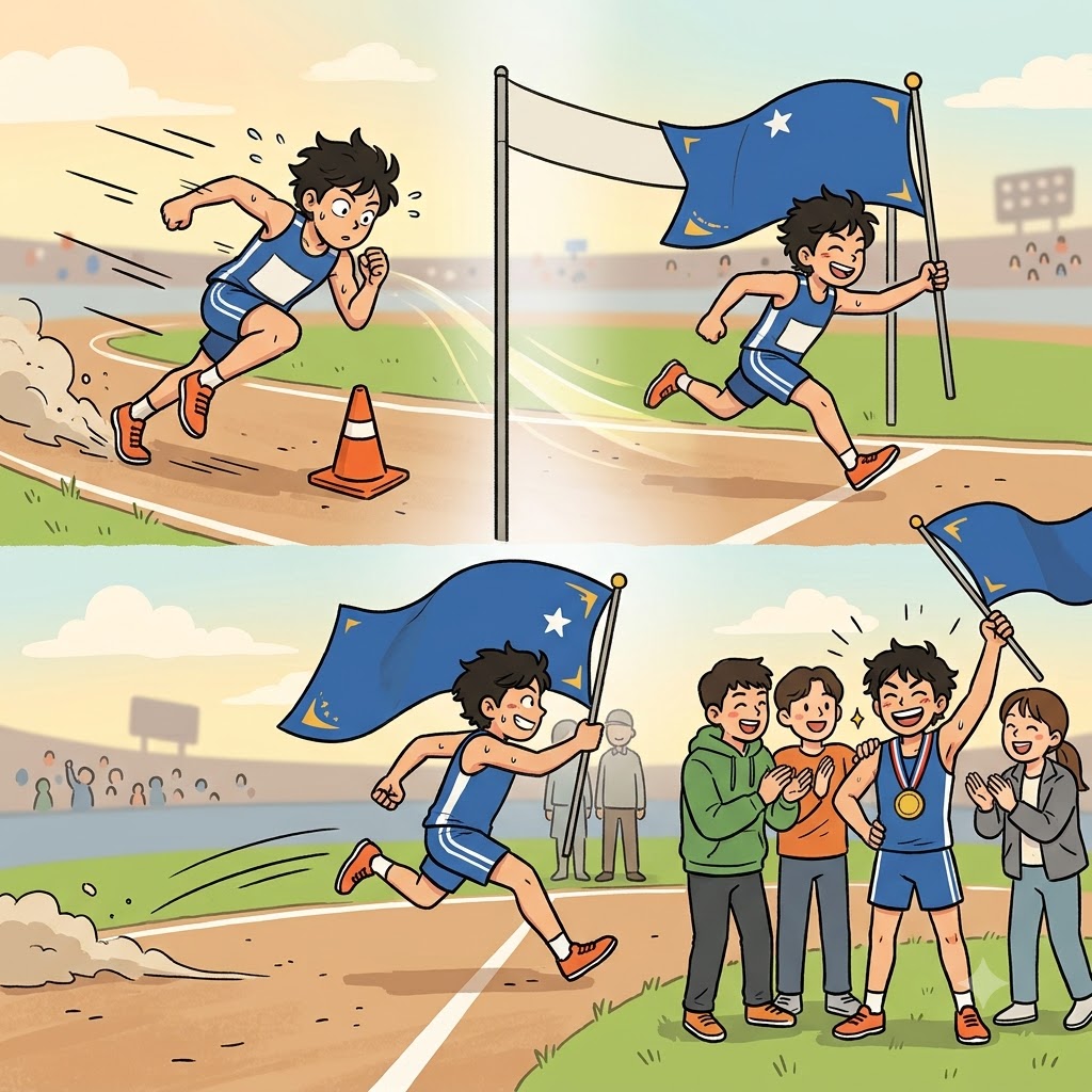 재빠르게 방향을 꺾은(zag) 선수는 깃발(flag)을 먼저 잡고 승리를 자랑했다(brag).
