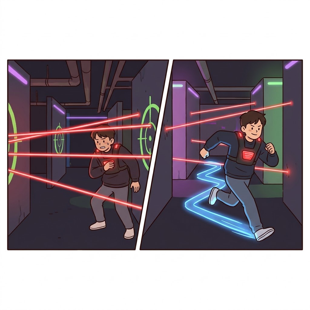 격렬한 레이저 태그(tag) 게임에서 살아남기 위해, 그는 레이저를 피하며 지그재그로(zigzag) 달렸다.